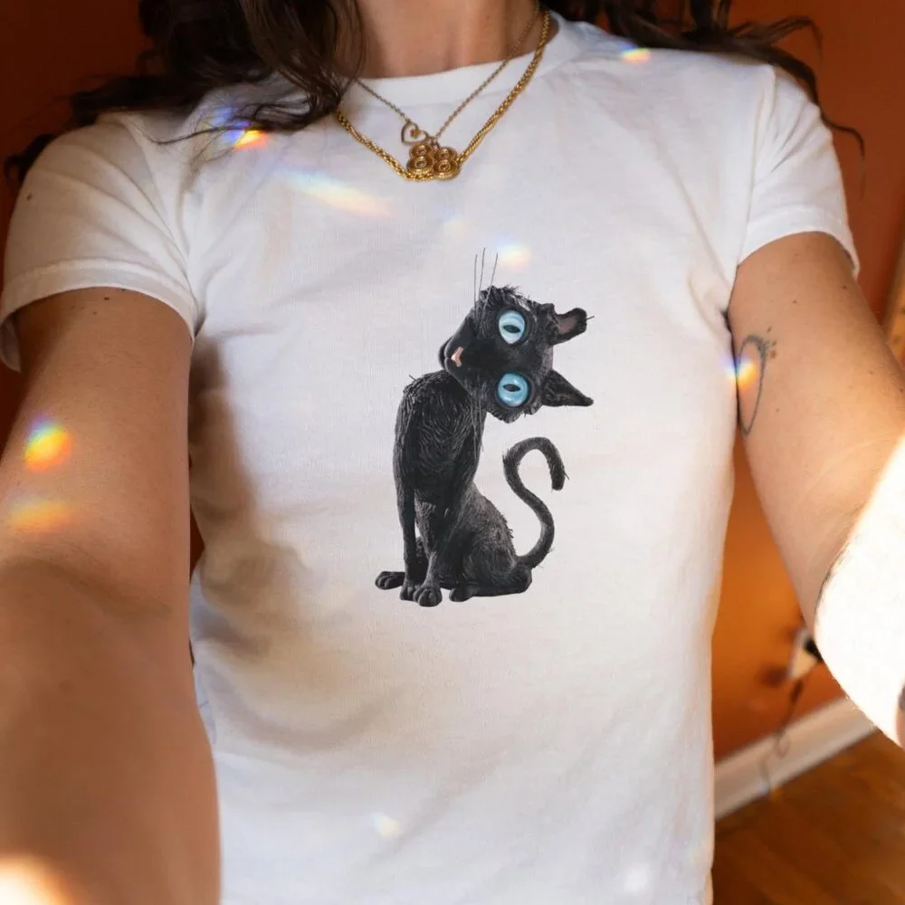 Black Cat Baby Tee Y2K Retro Cute Fitted T-Shirt - Picture 3 of 3